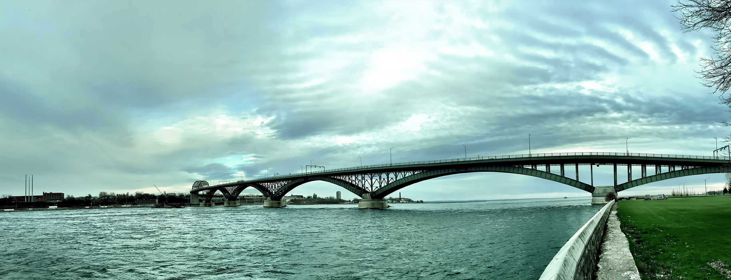 The bridge crossing at Fort Erie, Ontario, Canada on a cloudy day