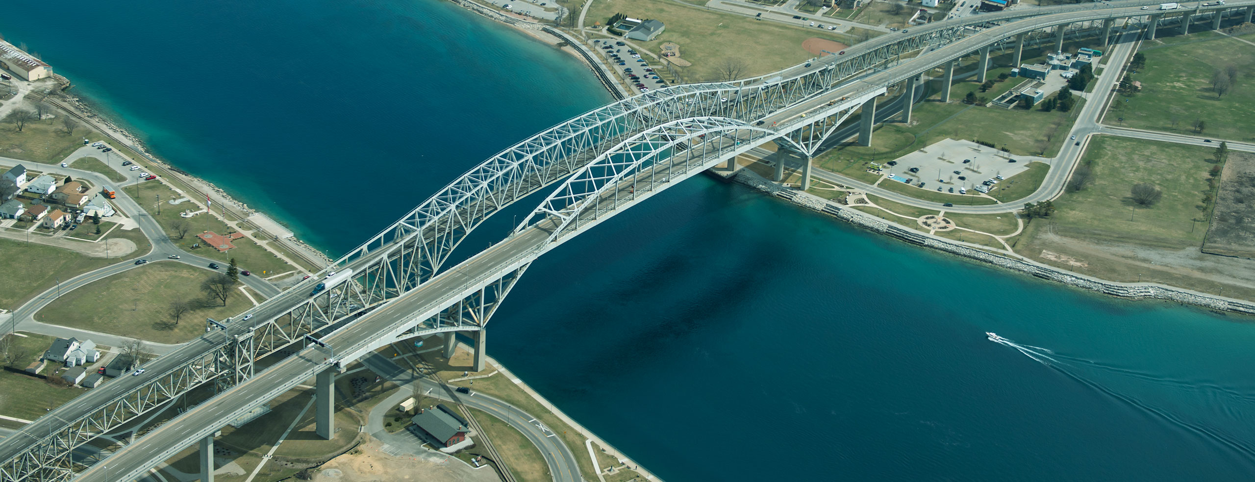 The bridge crossing at Sarnia, Ontario, Canada on a sunny day from birds eye view